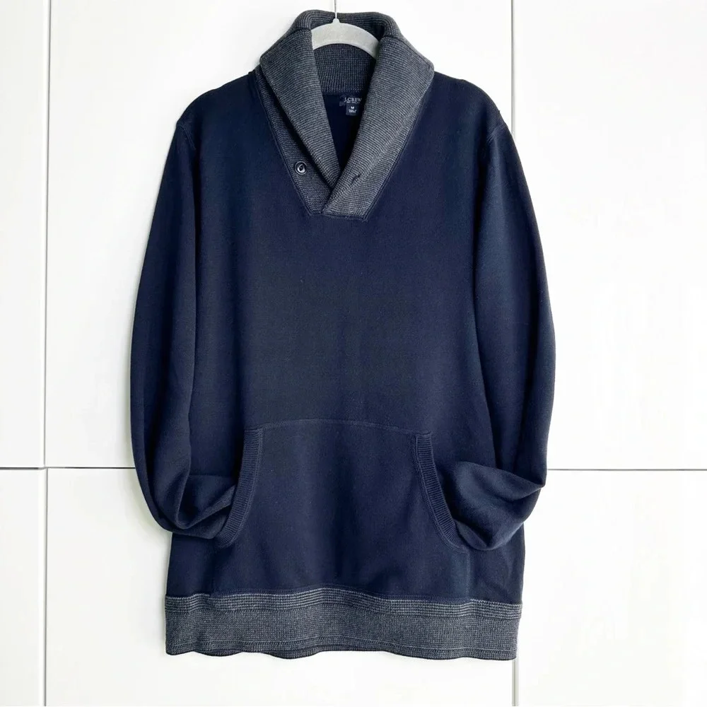 J. Crew Mens Shawl Collar Sweater Navy Gray Trim Medium Cotton Old Money Preppy